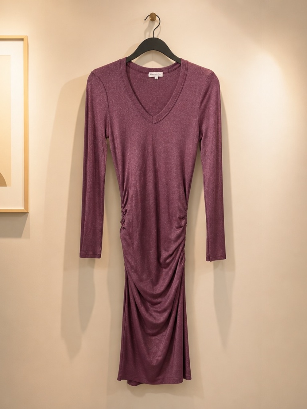 Michael Stars Plum V-Neck Long Sleeve Ruched Midi Dress
